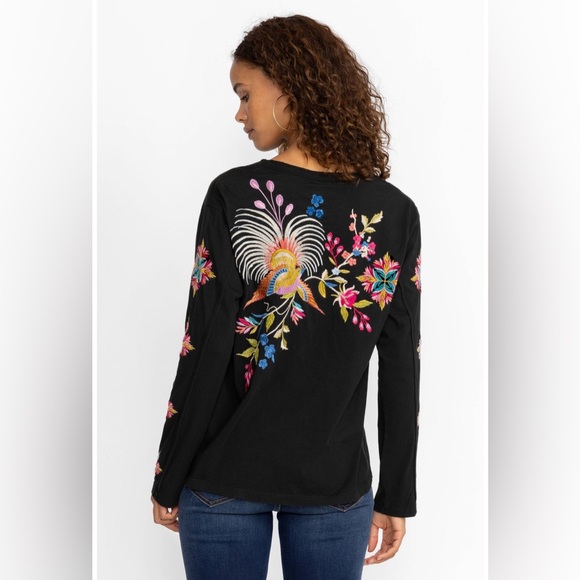 Johnny Was Julie Raw Seam Henley Top Black Floral Embroidered Small - Picture 2 of 11